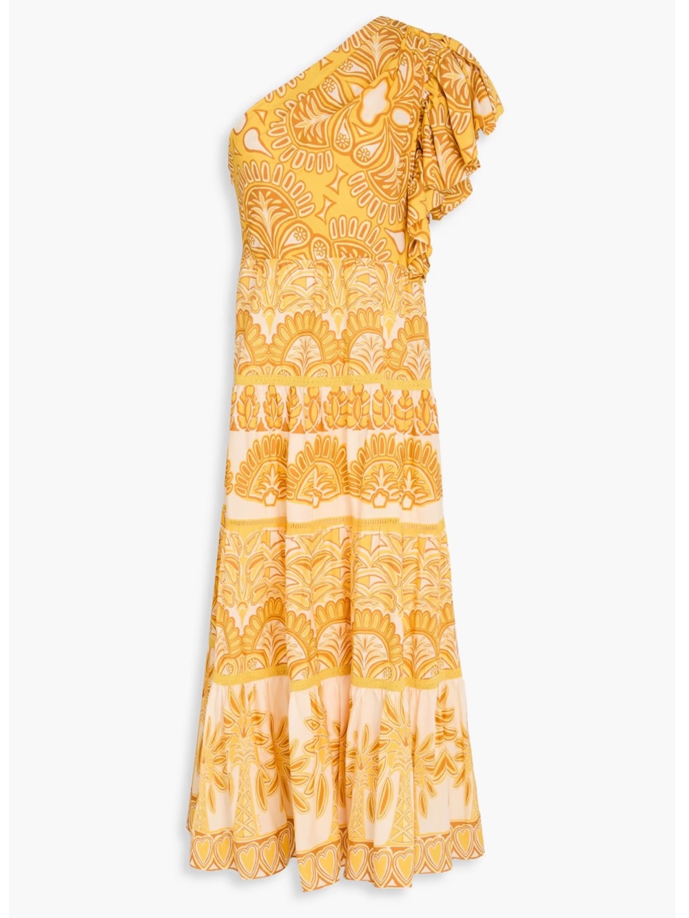 FARM RIO One-shoulder ruffled printed TENCEL and cotton-blend midi dress